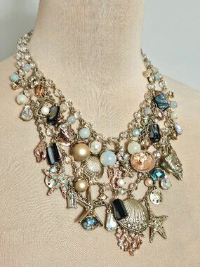 St. Thomas Multi Strand Ocean Charm Necklace Seashell Starfish Coral Beaded